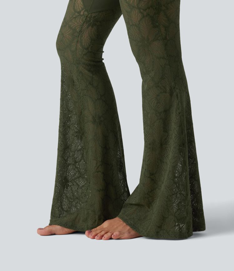 Pantalon de yoga évasé gainant taille haute avec dentelle contrastée et poche Halara UltraSculpt™