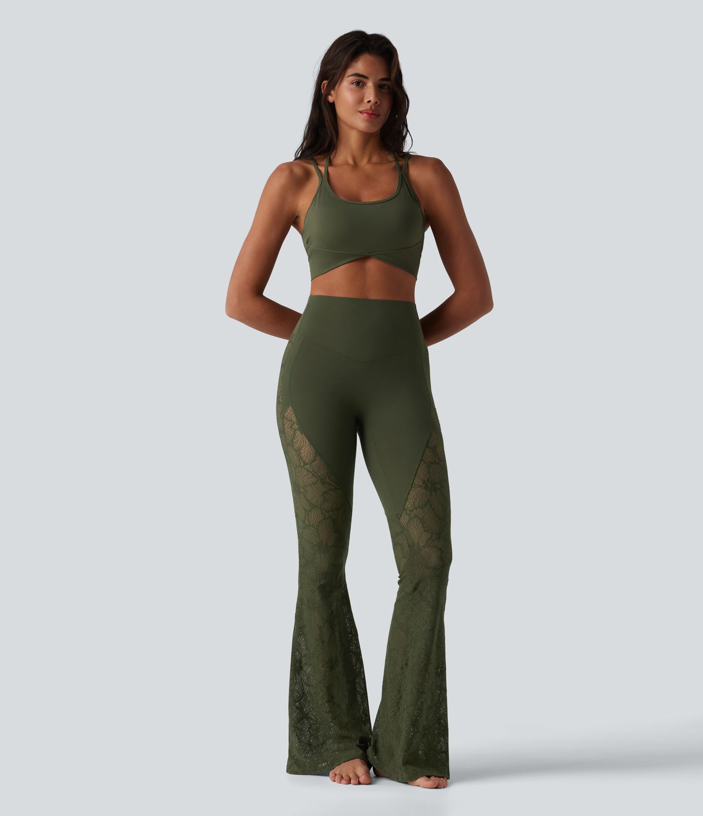 Pantalon de yoga évasé gainant taille haute avec dentelle contrastée et poche Halara UltraSculpt™