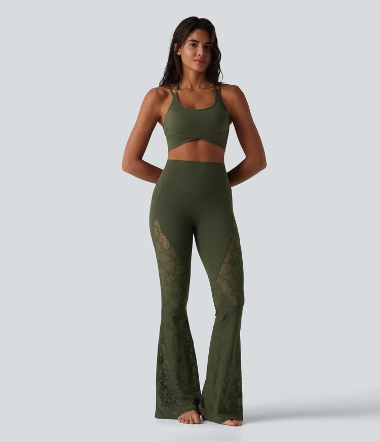 Pantalon de yoga évasé gainant taille haute avec dentelle contrastée et poche Halara UltraSculpt™