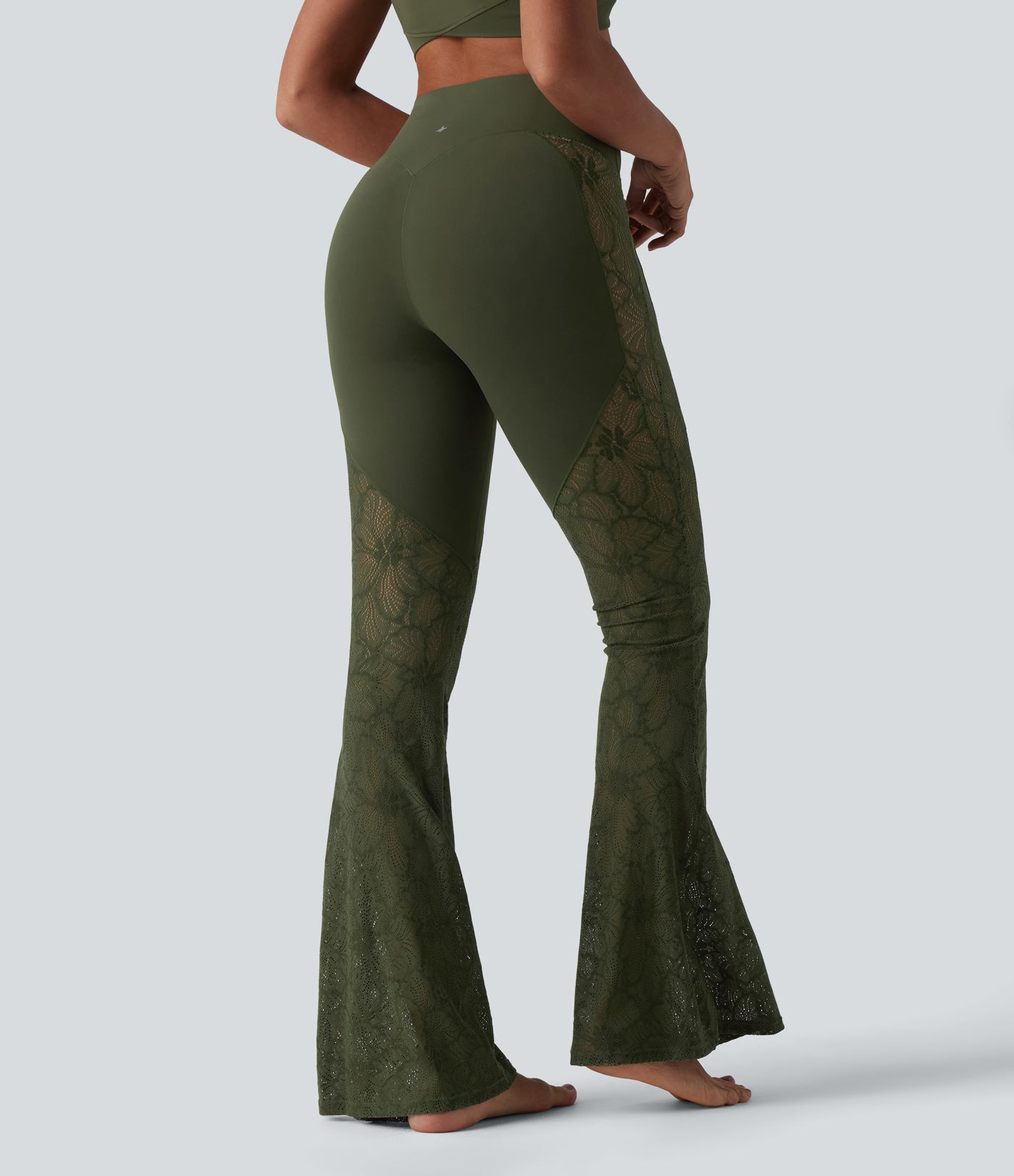 Pantalon de yoga évasé gainant taille haute avec dentelle contrastée et poche Halara UltraSculpt™