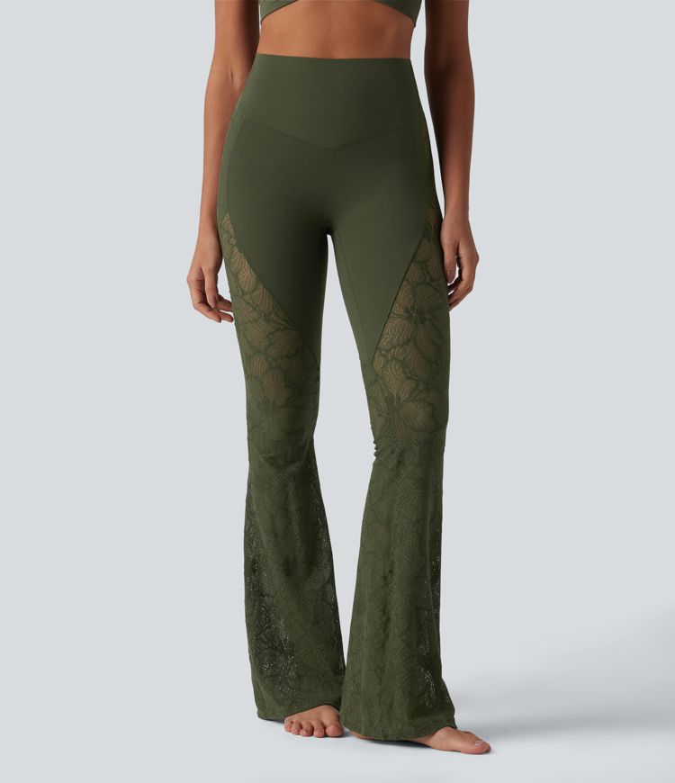 Pantalon de yoga évasé gainant taille haute avec dentelle contrastée et poche Halara UltraSculpt™