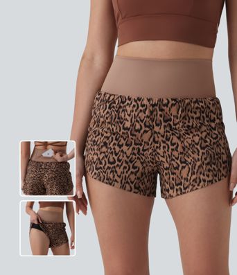 High Waisted 2-in-1 Leopard Print Running Shorts 3'' with Pocket