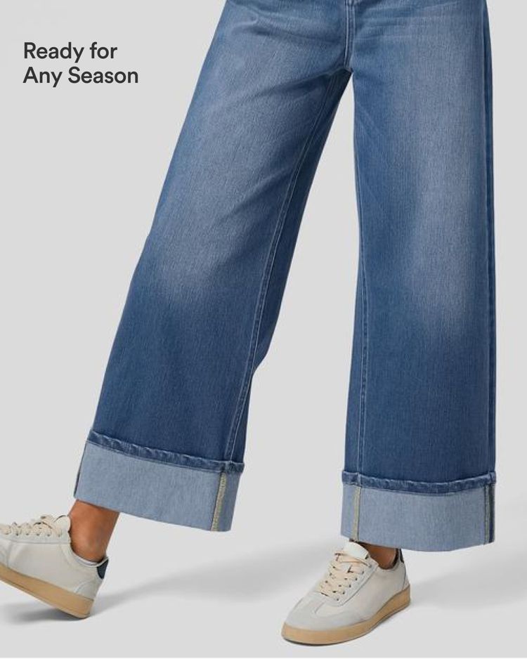 Halara Flex™ High Waisted Pockets Rolled Hem Wide Leg Washed Casual Jeans