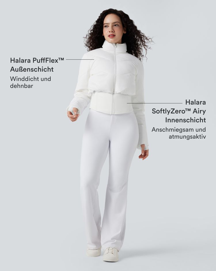 Lässige, kurze 3-in-1 Stretch-Pufferjacke mit Stehkragen, Seitentaschen, langen Ärmeln, Daumenlöchern und geschwungenem Saum