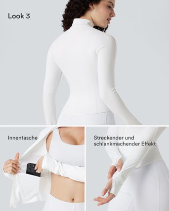 Lässige, kurze 3-in-1 Stretch-Pufferjacke mit Stehkragen, Seitentaschen, langen Ärmeln, Daumenlöchern und geschwungenem Saum