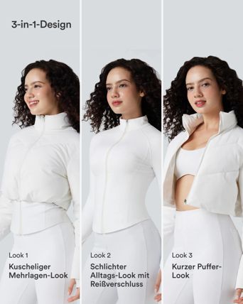 Lässige, kurze 3-in-1 Stretch-Pufferjacke mit Stehkragen, Seitentaschen, langen Ärmeln, Daumenlöchern und geschwungenem Saum
