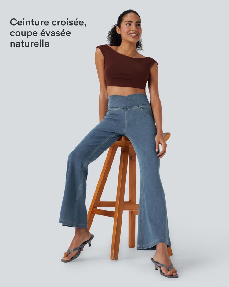 Halara Flex™ - Jean Ultra Evasé Tricot Extensible Lavé Poches Croisées Taille Haute