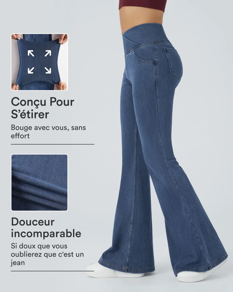 Halara Flex™ - Jean Ultra Evasé Tricot Extensible Lavé Poches Croisées Taille Haute