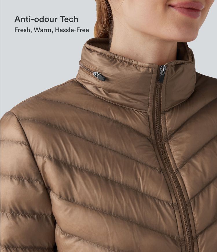 Packable Stand Collar Long Sleeve Zipper Casual Synthetic Down Jacket with Pockets