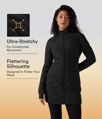 PuffFlex Stand Collar Long Sleeve Thumb Holes Zip Hem Stretchy Slim Casual Quilted Jacket with Pockets