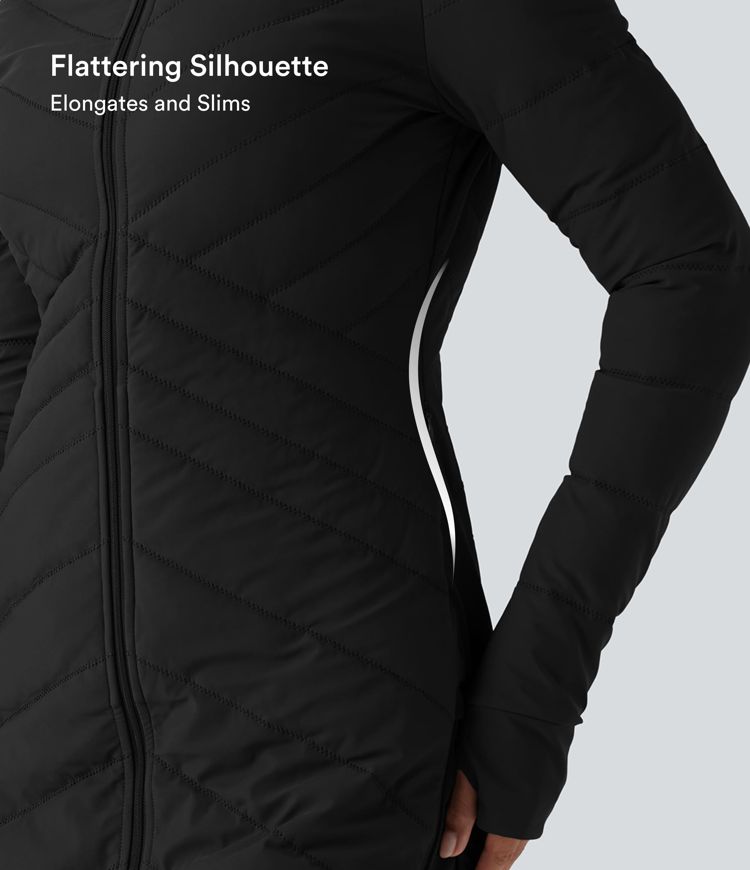 PuffFlex Stand Collar Long Sleeve Thumb Holes Zip Hem Stretchy Slim Casual Quilted Jacket with Pockets