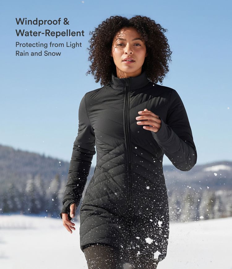 PuffFlex Stand Collar Long Sleeve Thumb Holes Zip Hem Stretchy Slim Casual Quilted Jacket with Pockets