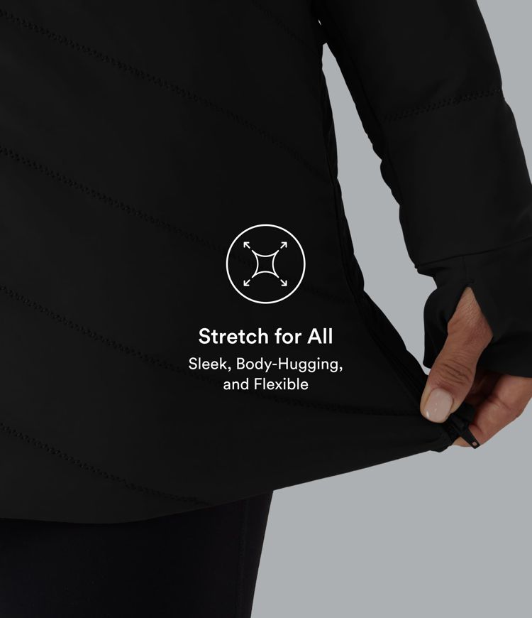 PuffFlex Stand Collar Long Sleeve Thumb Holes Zip Hem Stretchy Slim Casual Quilted Jacket with Pockets