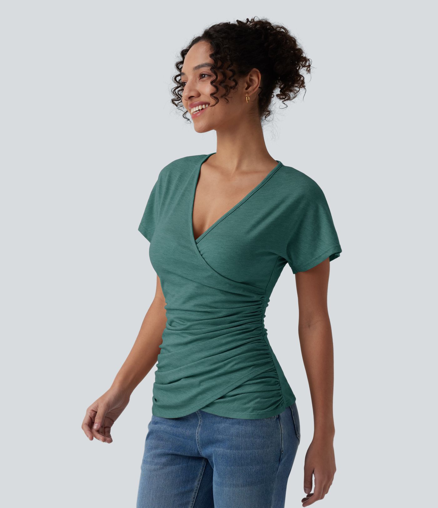 V Neck Short Sleeve Ruched Casual Top