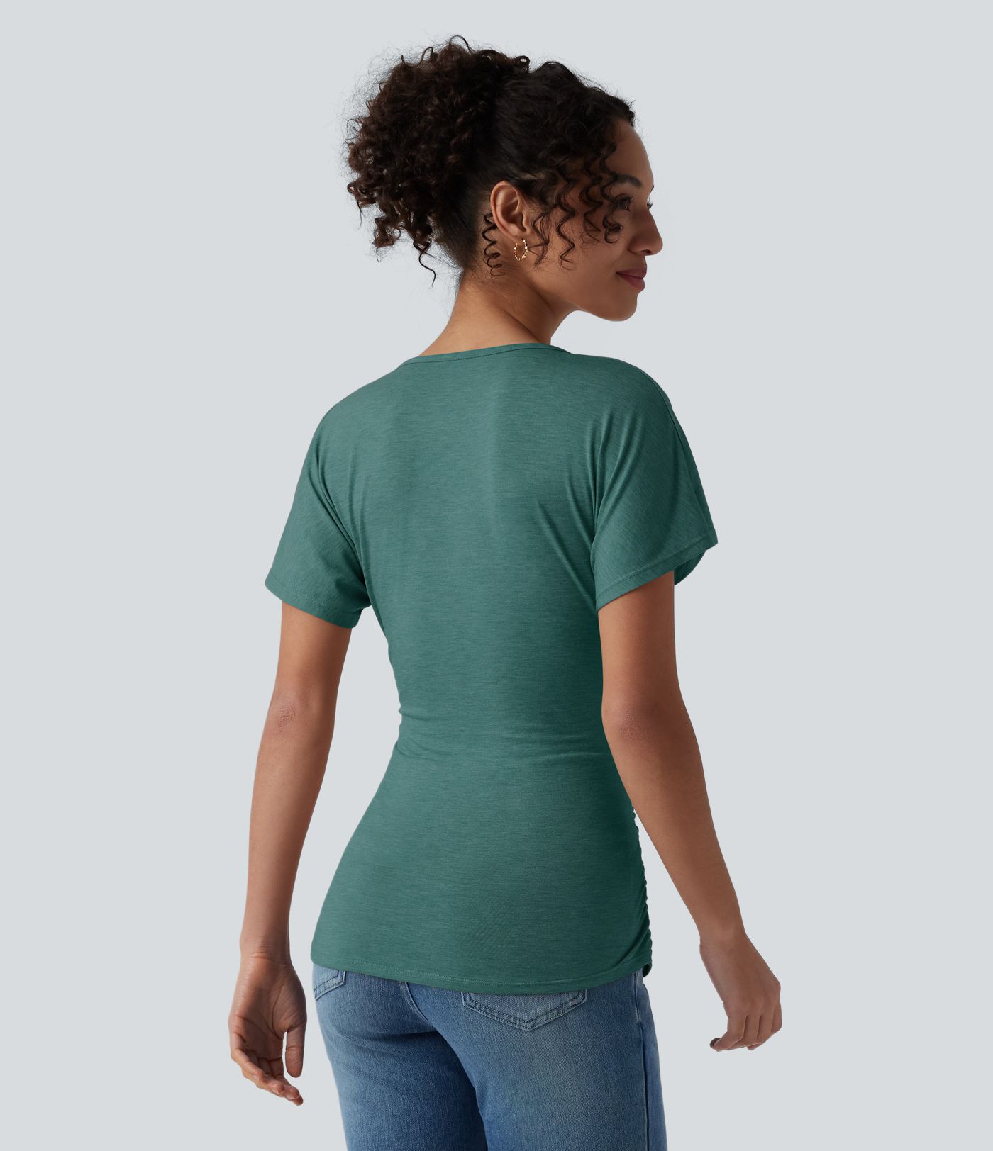 V Neck Short Sleeve Ruched Casual Top