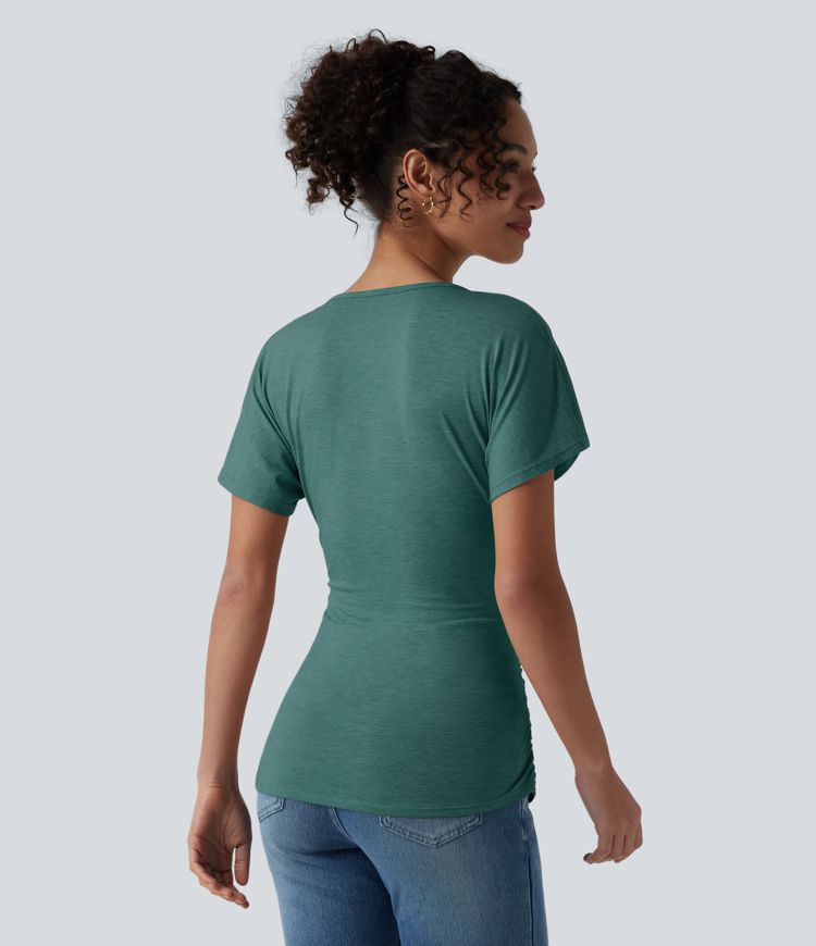 V Neck Short Sleeve Ruched Casual Top