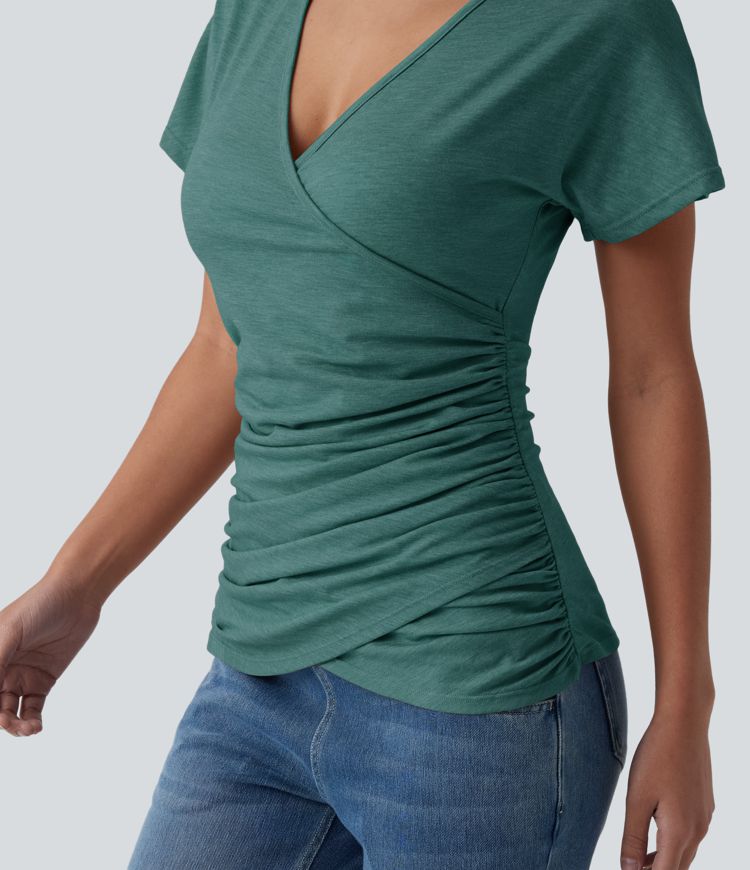 V Neck Short Sleeve Ruched Casual Top
