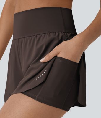 SoftlyZero™ QuickDry High Waisted Tummy Control Reflective Dots Crossover Hem 2-in-1 Running Shorts 3'' with Pockets