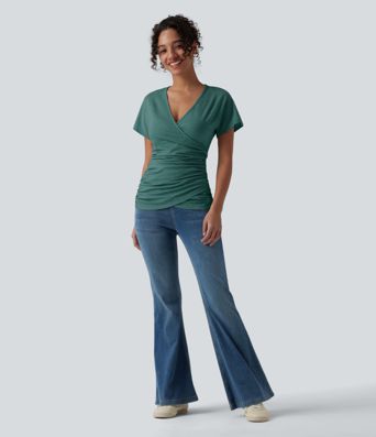 V Neck Short Sleeve Ruched Casual Top