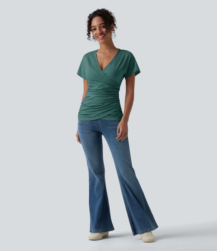 V Neck Short Sleeve Ruched Casual Top