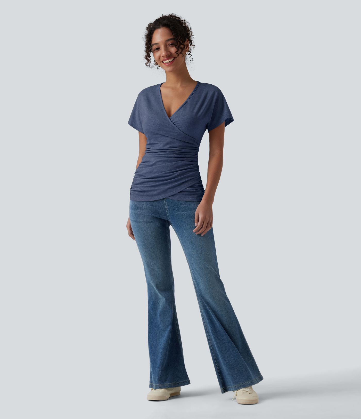 V Neck Short Sleeve Ruched Casual Top