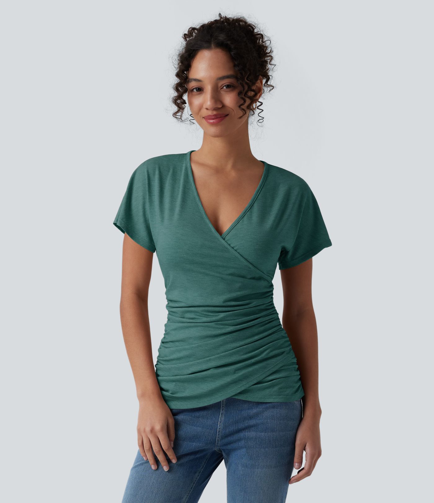 V Neck Short Sleeve Ruched Casual Top