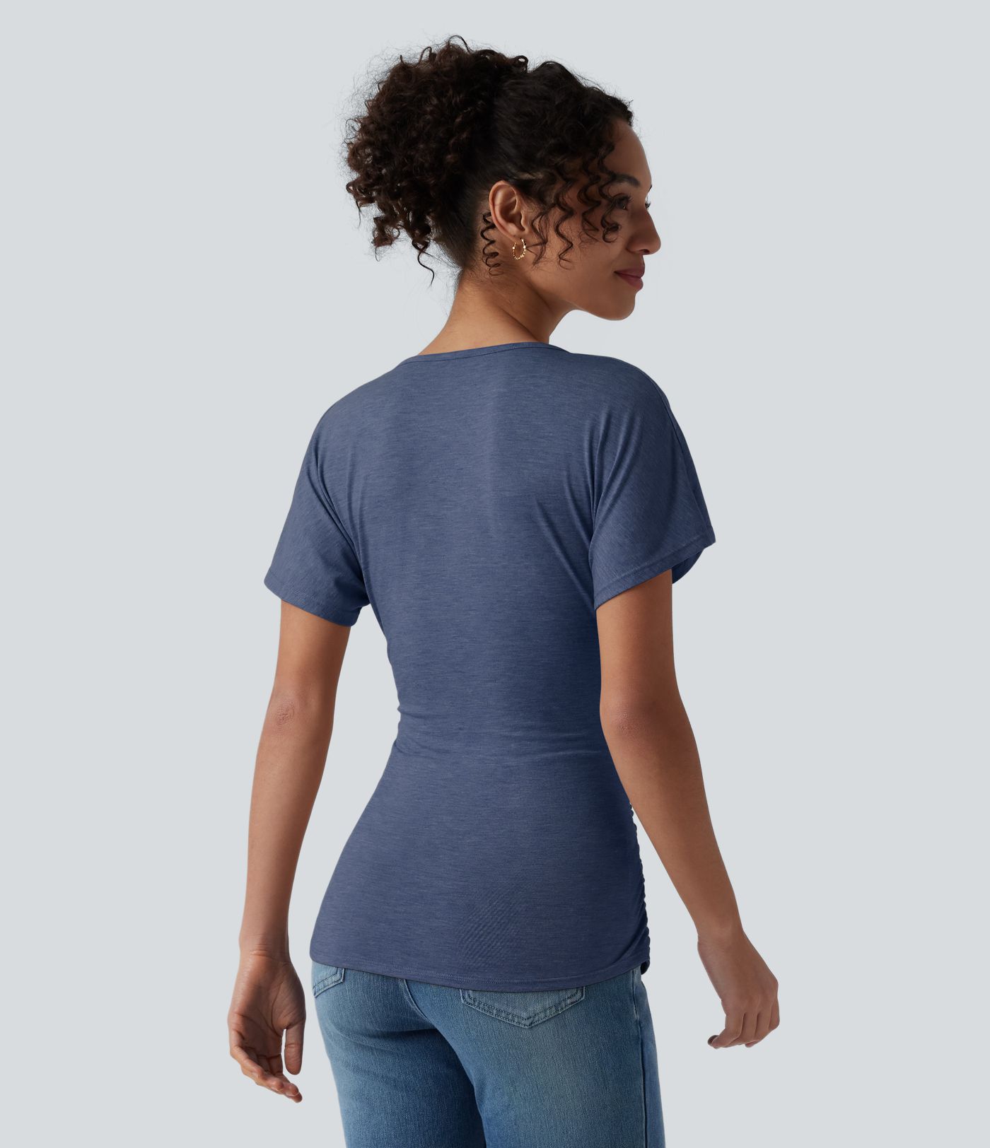 V Neck Short Sleeve Ruched Casual Top