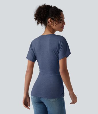 V Neck Short Sleeve Ruched Casual Top