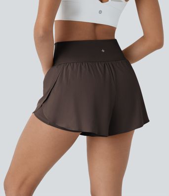 SoftlyZero™ QuickDry High Waisted Tummy Control Reflective Dots Crossover Hem 2-in-1 Running Shorts 3'' with Pockets