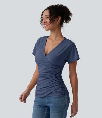 V Neck Short Sleeve Ruched Casual Top