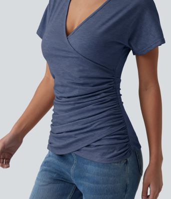 V Neck Short Sleeve Ruched Casual Top