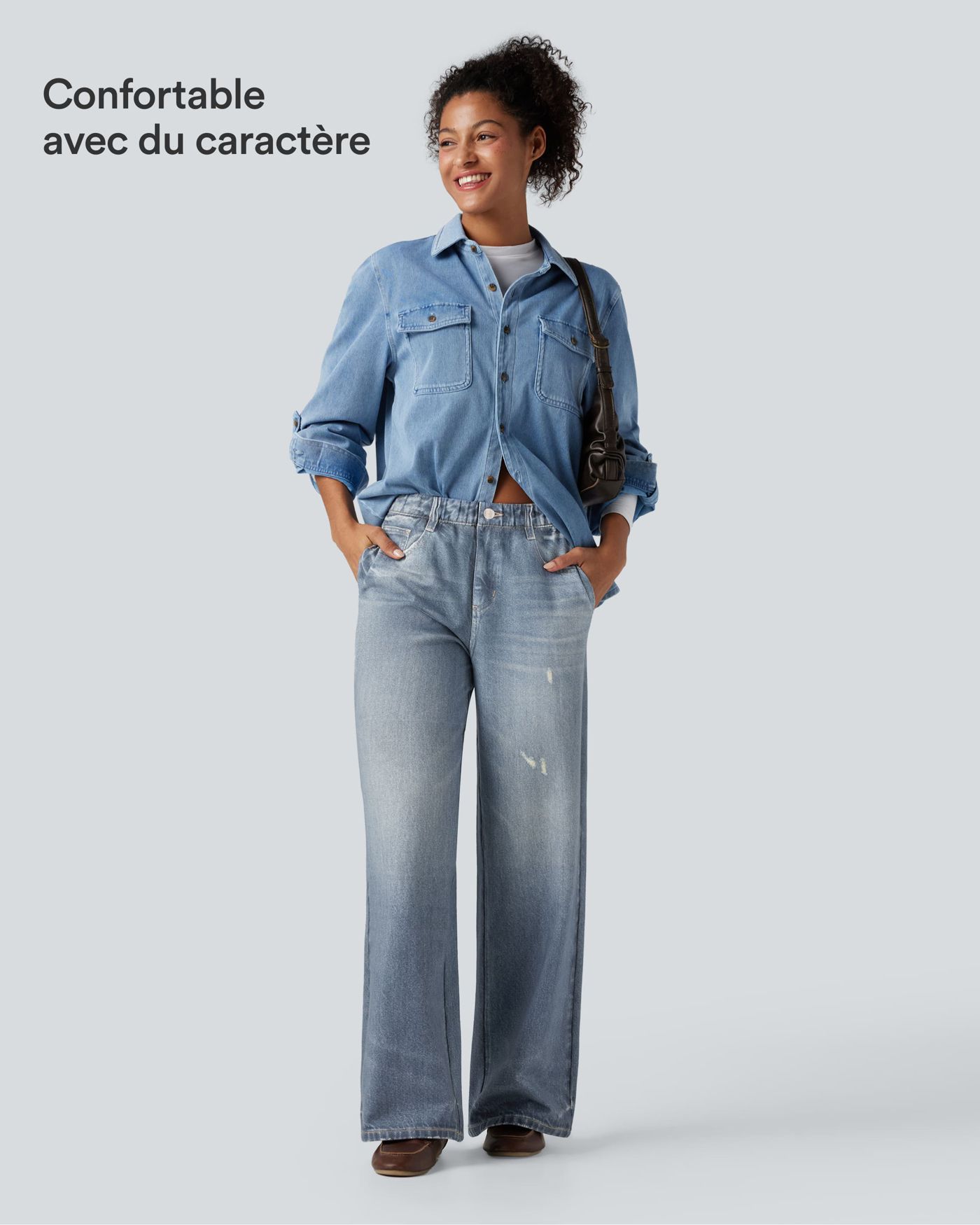Jogging jean décontracté en molleton French Terry imprimé denim taille mi-haute avec poches