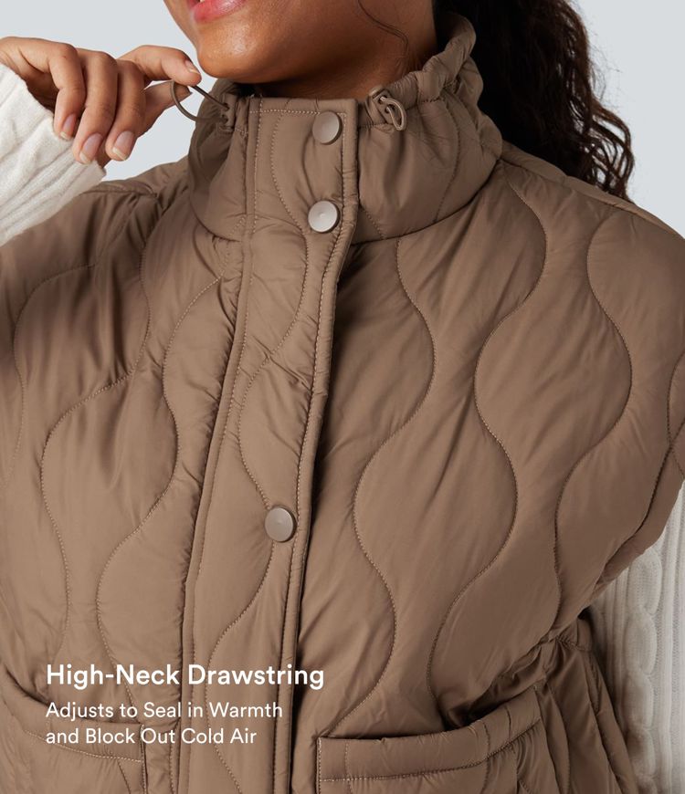 Durable Water Repellent High Neck Drawstring Hem Casual Quilted Synthetic Down Vest with Pockets