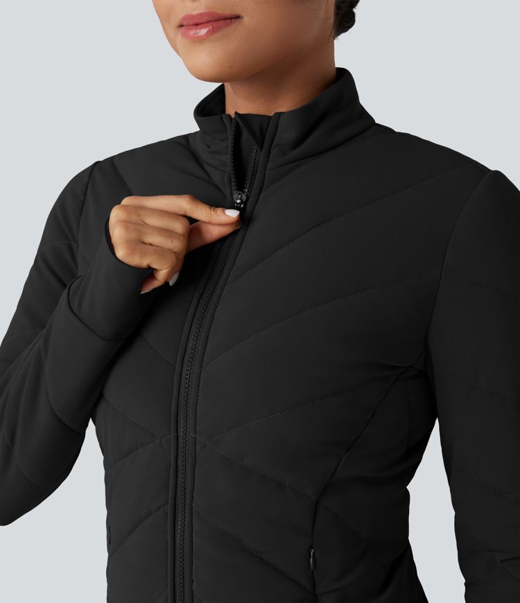 PuffFlex Stand Collar Long Sleeve Thumb Hole Casual Padded Jacket with Pockets