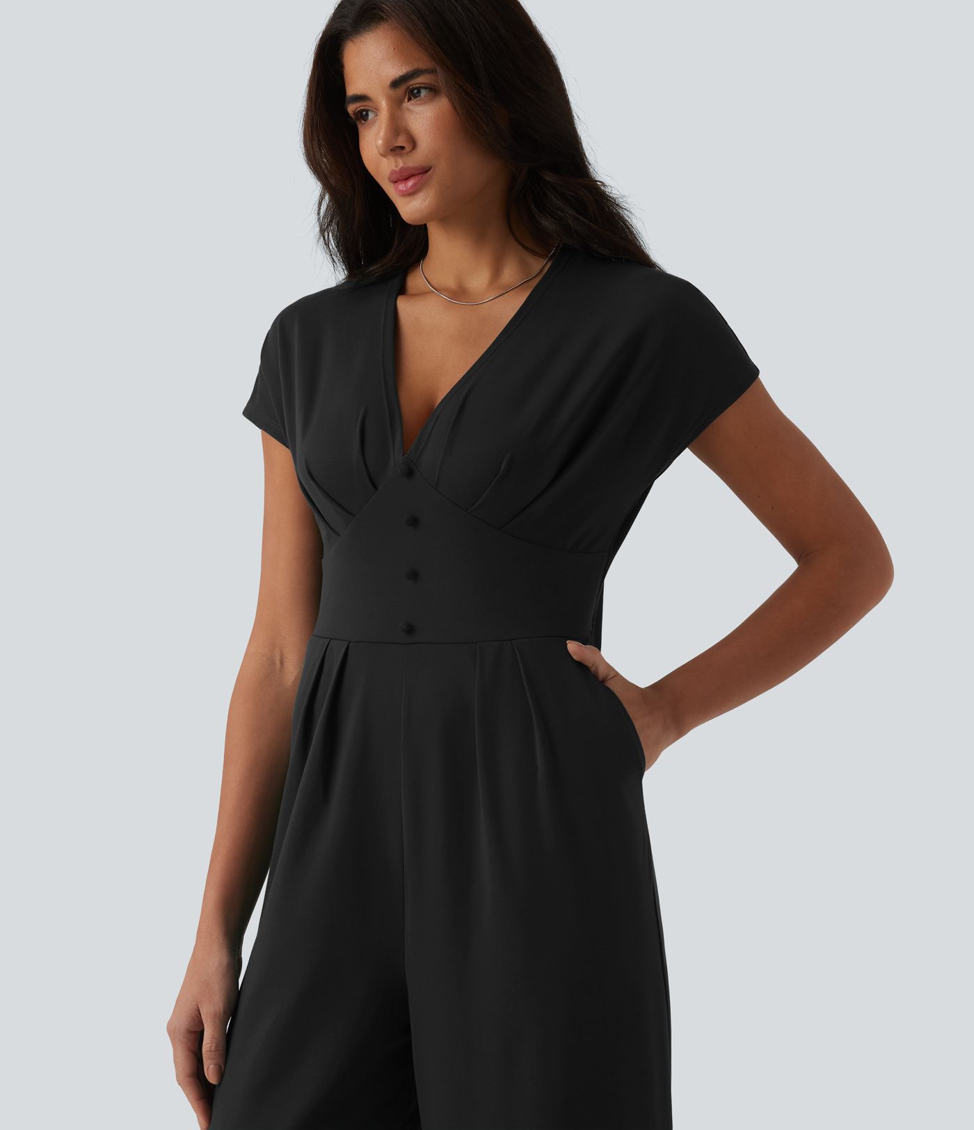 V Neck Short Sleeve Wide Leg Casual Jumpsuit with Pockets-Easy Peezy Edition