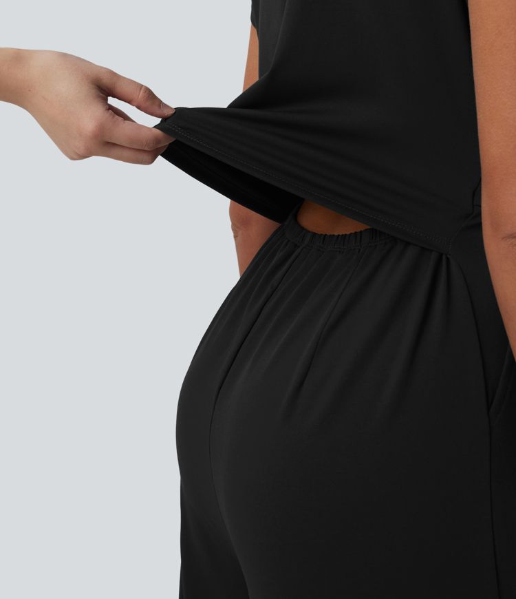 V Neck Short Sleeve Wide Leg Casual Jumpsuit with Pockets-Easy Peezy Edition