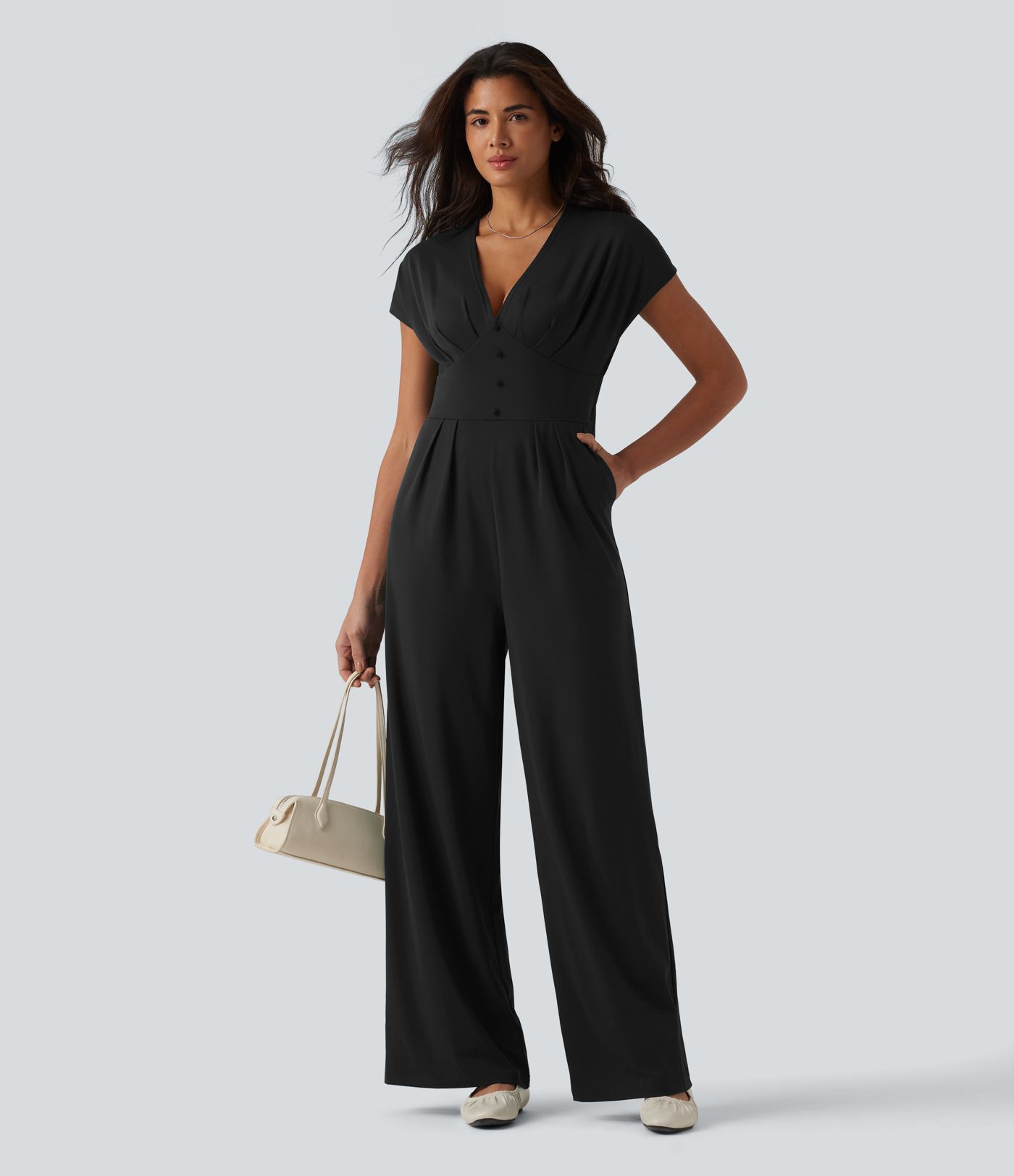 V Neck Short Sleeve Wide Leg Casual Jumpsuit with Pockets-Easy Peezy Edition