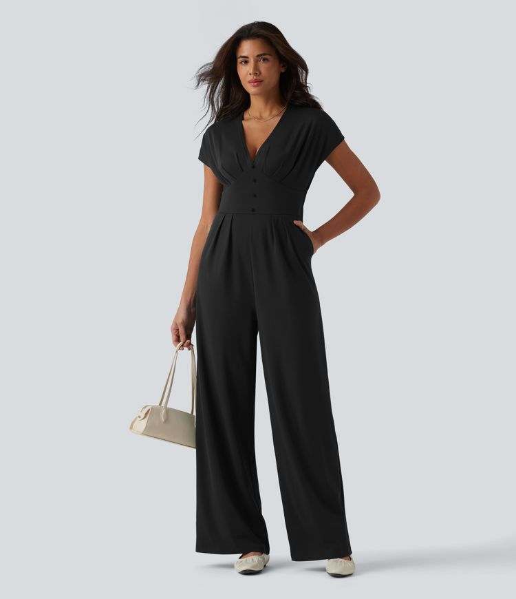 V Neck Short Sleeve Wide Leg Casual Jumpsuit with Pockets-Easy Peezy Edition