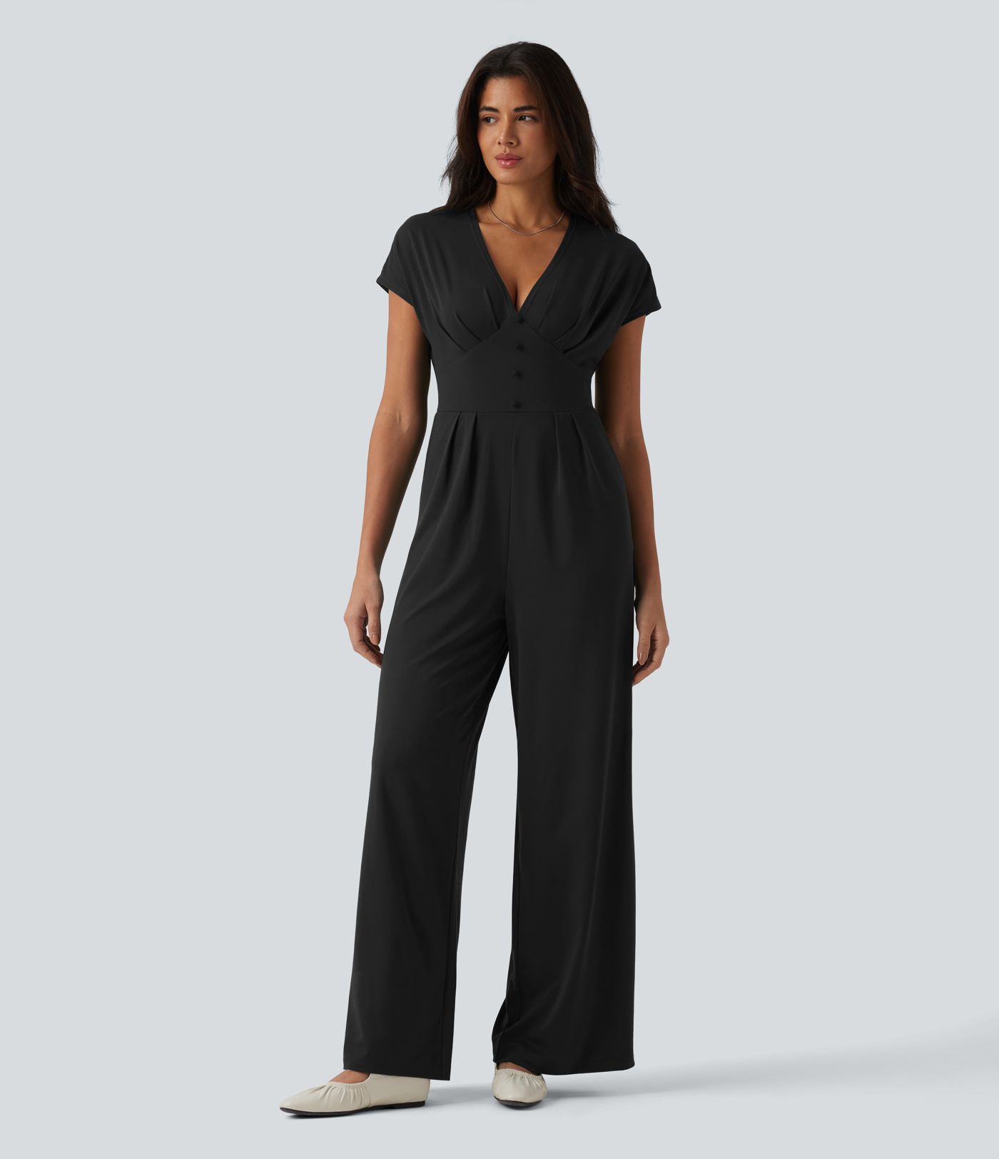 V Neck Short Sleeve Wide Leg Casual Jumpsuit with Pockets-Easy Peezy Edition