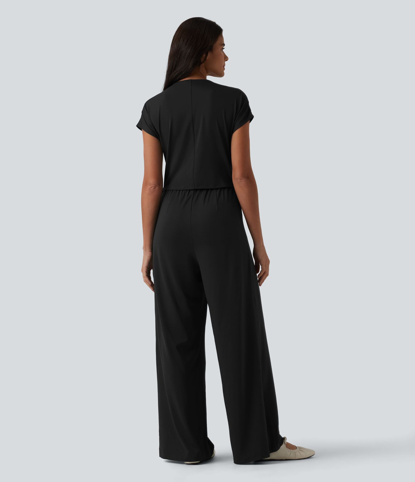 V Neck Short Sleeve Wide Leg Casual Jumpsuit with Pockets-Easy Peezy Edition