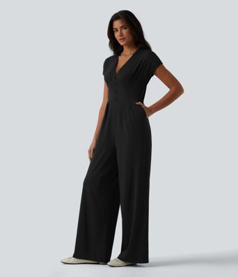 V Neck Short Sleeve Wide Leg Casual Jumpsuit with Pockets-Easy Peezy Edition