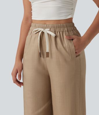 Pantalon décontracté en lin mélangé, taille haute, poches latérales, cordon de serrage et jambes larges