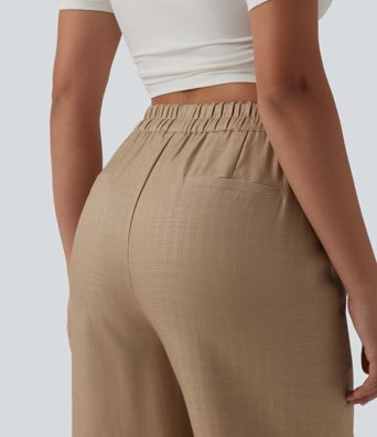 Pantalon décontracté en lin mélangé, taille haute, poches latérales, cordon de serrage et jambes larges