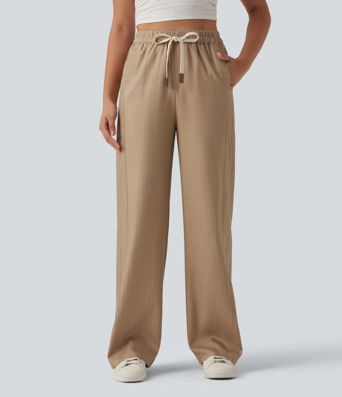 Pantalon décontracté en lin mélangé, taille haute, poches latérales, cordon de serrage et jambes larges