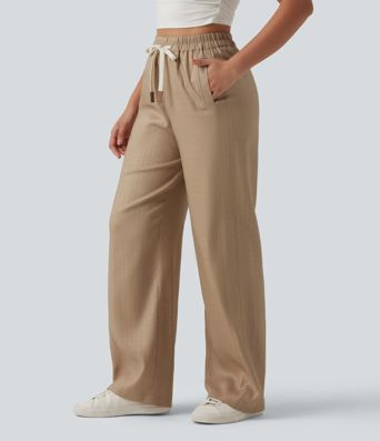 Pantalon décontracté en lin mélangé, taille haute, poches latérales, cordon de serrage et jambes larges