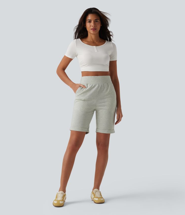 High Waisted Rolled Hem Casual Shorts with Pockets