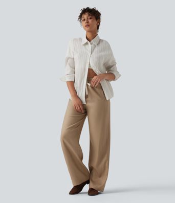 Pantalon décontracté en lin mélangé, taille haute, poches latérales, cordon de serrage et jambes larges