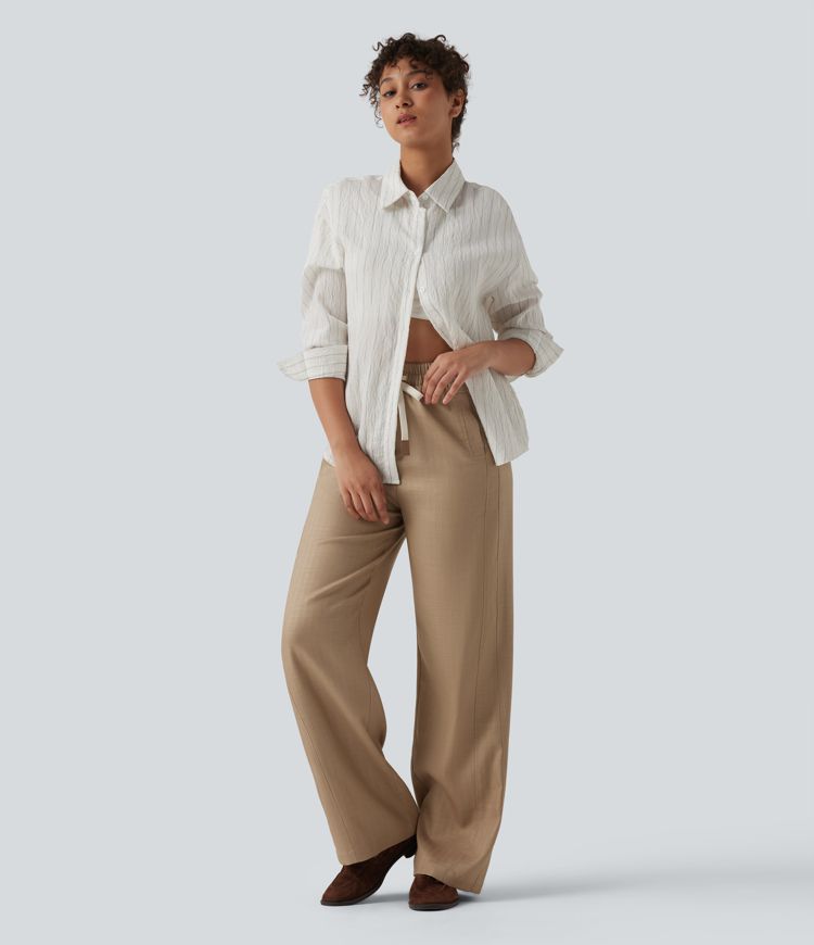 Pantalon décontracté en lin mélangé, taille haute, poches latérales, cordon de serrage et jambes larges