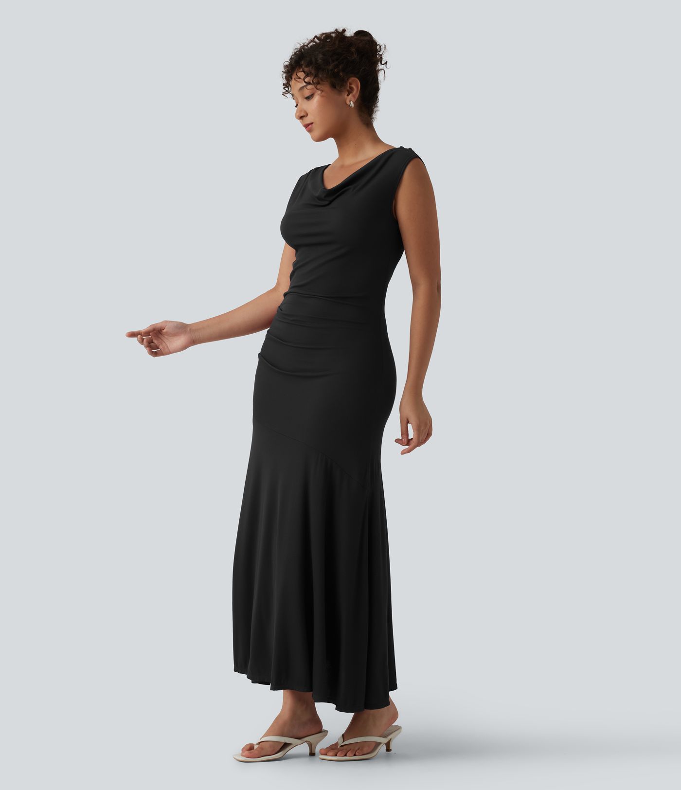 Robe décontractée maxi sans manches col drapé maille côtelée