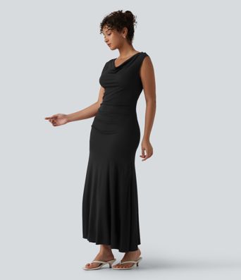 Robe décontractée maxi sans manches col drapé maille côtelée